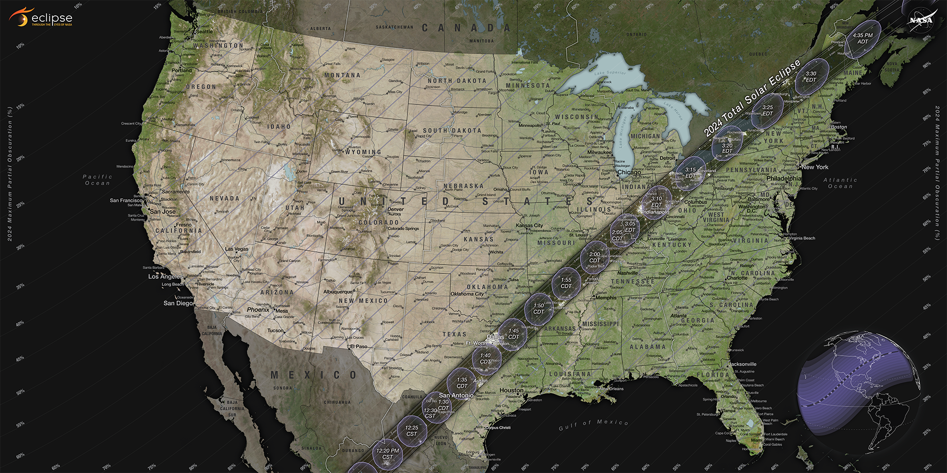 map of the United States illustrating the paths of the Moon's shadow during the 2024 total solar eclipse.